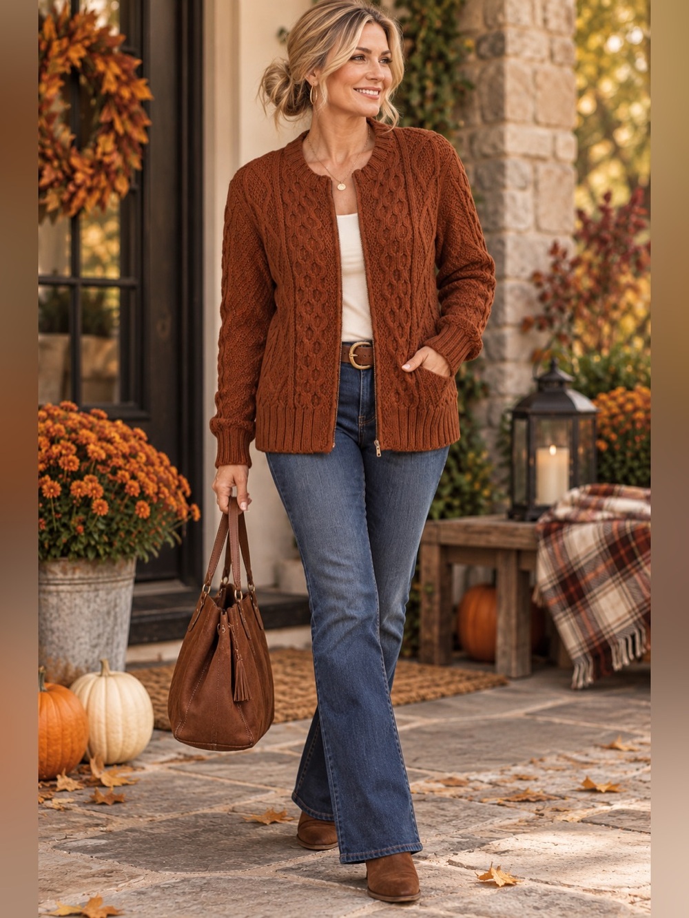 Caamano Alpaca Rust Orange Cable-knit Sweater Cardigan Zip Front Size Medium